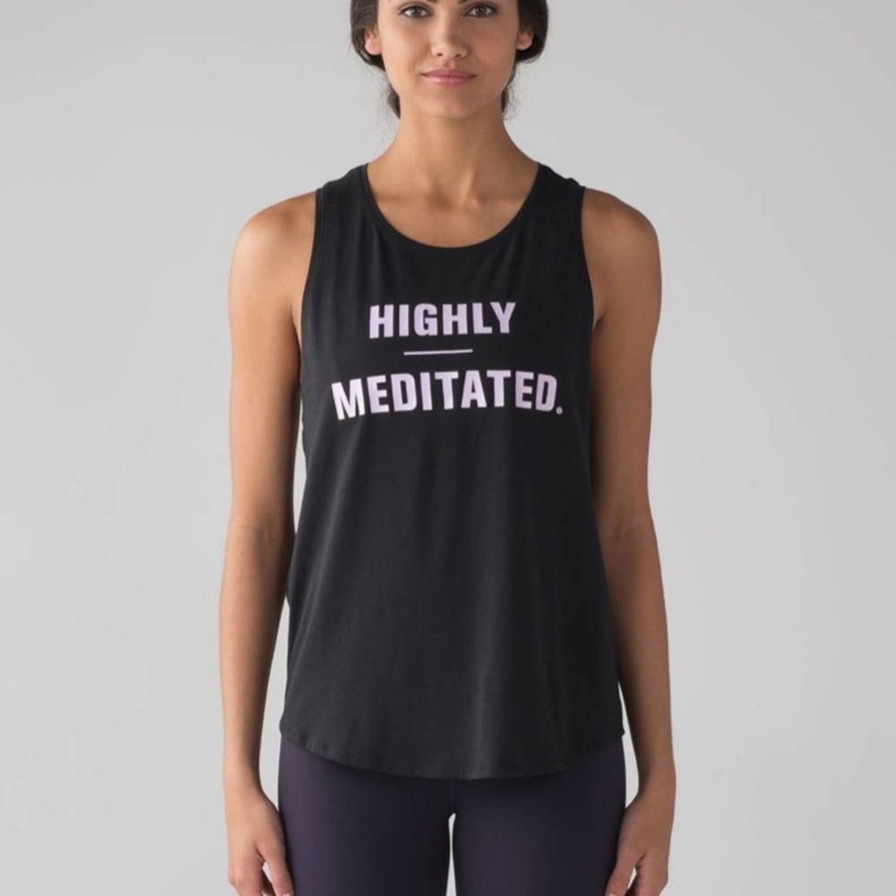 lululemon athletica Black Tank Top with Light Pink 'HIGHLY MEDITATED.' Print